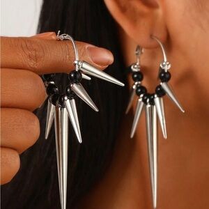 Silver Spike Hoop Earrings with Black Beads - Women Jewelry